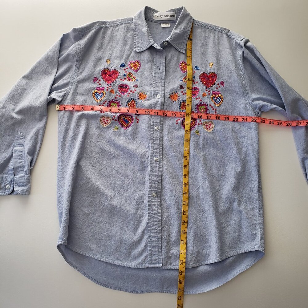 Casey Coleman Size L 100% Cotton Embroidered Hearts Denim Button Down Shirt - Picture 10 of 13
